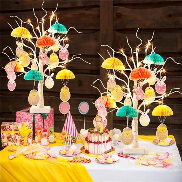 2PK Easter Tree Lights with Honeycomb Bunny & Egg, Battery Powered (2FT, Timer) - Picture 5 of 7